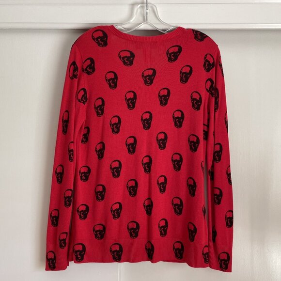 Magaschoni Red + Black Skull Cashmere Blend V Neck Sweater Size L - Picture 8 of 11